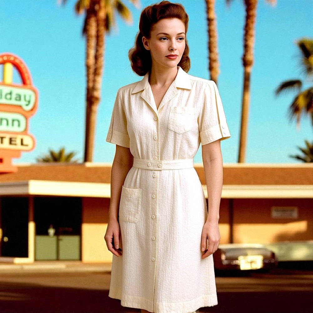 Vintage 1940s Wayne Maids White Seersucker Uniform Dress Belted Button Front 40 - Picture 3 of 16
